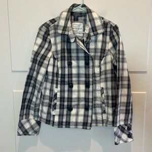 Aeropostale Womens Plaid Double Breasted Jacket Size L Preppy Coat Black Grey
